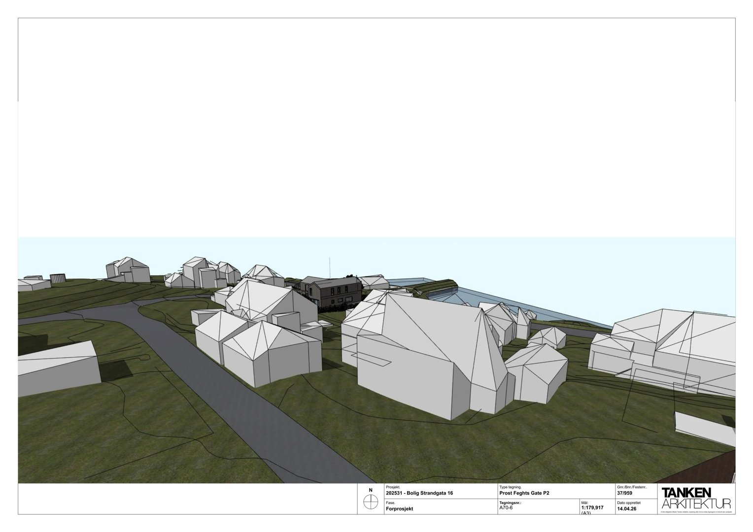 3D-visualisering (rendering) av et forprosjekt som viser bygningers volum, form og plassering i forhold til terrenget og nabolaget.