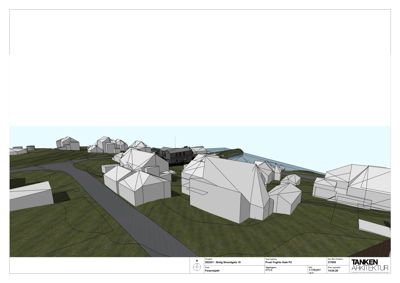 3D-visualisering (rendering) av et forprosjekt som viser bygningers volum, form og plassering i forhold til terrenget og nabolaget.