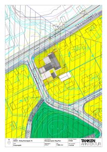 Situasjonsplan (Reguleringsplan) som viser bygningens plassering i forhold til veg, nabotomter og terrengforhold.
