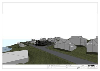 3D-visualisering (rendering) av et forprosjekt som viser et nabolag med flere hus, en vei og et vannområde.