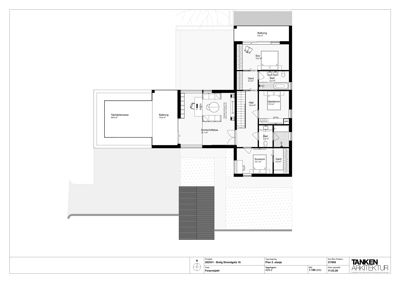 Etasjeplan (Plan 1. etasje) som viser romfordeling, arealer og funksjoner i en bolig.