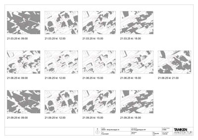 Solforholdsdigram som viser solens høyde og retning over bygget i ulike tidsrom (kl 09:00-21:00) for tre ulike datumper (mars, juni, september).