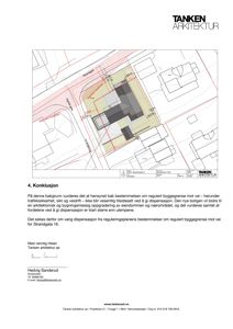 Situasjonsplan som viser tomtens grenser, nabobebyggelse, reguleringsgrenser og bygningens plassering med mål.