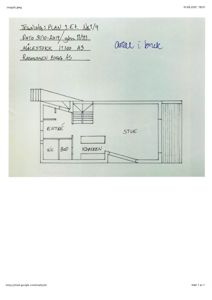 Etasjeplan (1. etasje) som viser romfordeling med stue, kjøkken, bod, wc og entré.