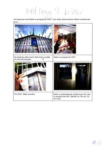 Et dokument med fire fotografier av en pergola, inkludert bilder før og etter brann, samt beskrivende tekst.