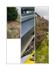 Fotografi som viser en collage av tre bilder: et utsnitt av en hage med et hus i bakgrunnen, en detalj av en vindusramme, og et utsnitt av en hegg eller busk.