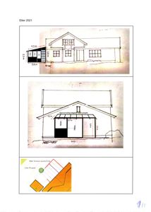 Bildet viser en tegning med oppriss av en bygning sett fra fronten (fasade), inkludert mål og en mindre situasjonsplan nederst.