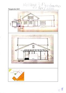 Bildet viser tegninger av en fasade (opprikk) for en pergola, inkludert mål og situasjonsplan.