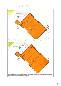 Fotografi av to tegninger som viser bygningens plassering på tomt før og etter brann i 2021.