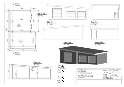Etasjeplan for et garasjebygg med romnummer, mål og plassering av dører samt tilhørende fasade- og snittegninger.