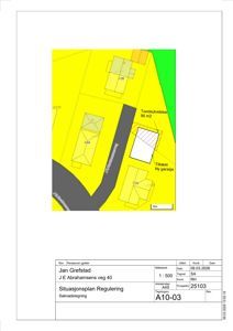 Situasjonsplan som viser tomt, nabolag og tiltak (ny garasje) med mål og regulering.