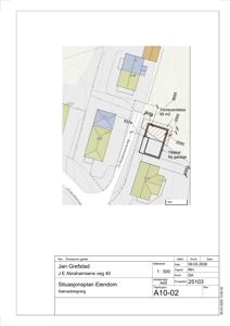 Situasjonsplan som viser tomtens beliggenhet, nabolag, veier og planlagte endringer (ny garasje og tomteutvidelse).