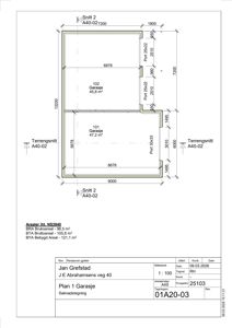 Etasjeplan for garasjen (Plan 1 Garasje) som viser romfordeling, dimensjoner og arealopplysninger.