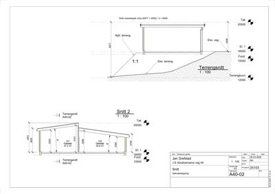 Tegning som viser tverrsnitt gjennom bygningen, inkludert høyder, terrengforhold og etasjer.