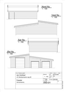 Fasadetegning som viser bygningens utseende fra alle fire sider (Nord, Vest, Sør, Øst) med skisse av takform og fasadematerialer.