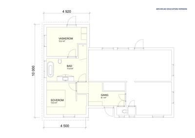 Etasjeplan som viser romfordeling (vaskerom, bad, soverom, gang) og dimensjoner for en bygning.