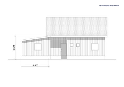 Fasadetegning som viser bygningens utside sett fra fronten, inkludert vinduer, dør, takform og fasadematerialer.
