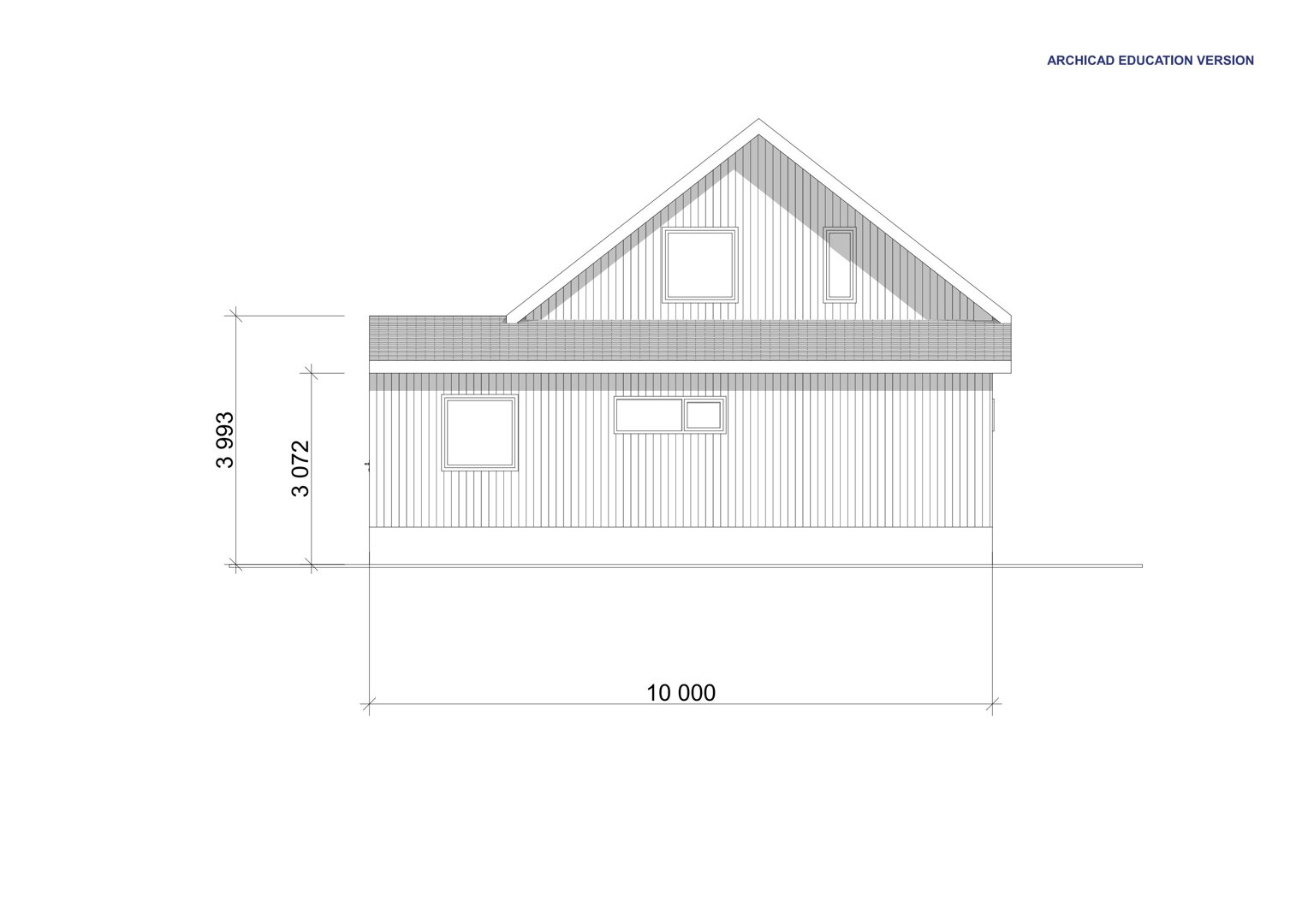 Fasadetegning som viser bygningens utseende fra siden, inkludert vinduer, takform og mål.