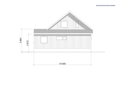 Fasadetegning som viser bygningens utseende fra siden, inkludert vinduer, takform og mål.
