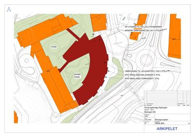 Situasjonsplan som viser bygningers plassering, omgivelser og planlagte endringer (fargekodet) for et prosjekt ved Bybøgen.