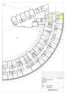 Plantegning av 4. etasje i bygningen 'Arkipellet' (Omsorgsboliger Bybogen). Tegningen viser romfordeling, vegger og inngang til leilighetene.