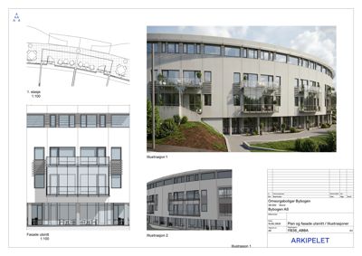 Dette dokumentet viser en fasadetegning (utsnitt) og to illustrasjoner av et bygningss utseende.