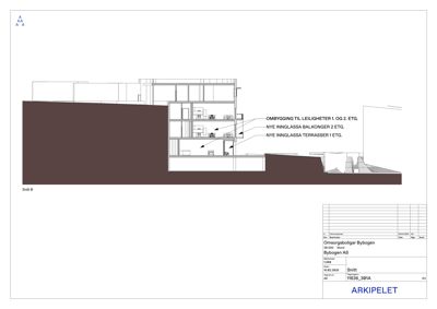 Snittegning (Snitt B) som viser bygningens tverrsnitt, romfordeling og konstruksjon.