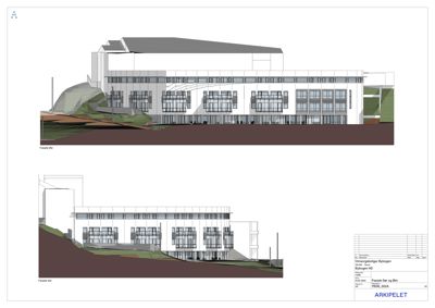 Fasadetegning som viser bygningens utseende fra to ulike vinkler (Fasade Øst og Fasade Sør).