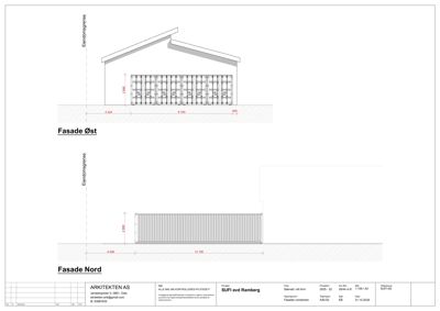 Fasadetegning som viser oppriss av to ulike fasader (Øst og Nord) med mål og detaljer.