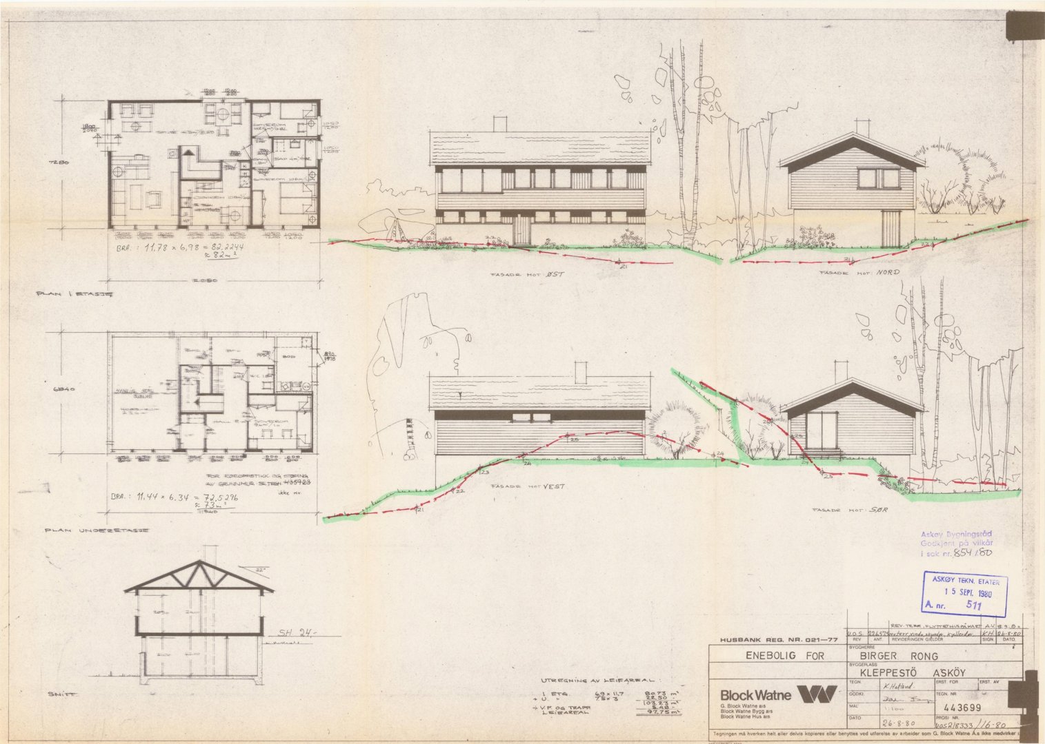 Bildet viser en tegning med fasadeopprikk (fra vest og nord) samt etasjeplaner for en enebolig.