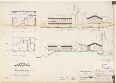Bildet viser en tegning med fasadeopprikk (fra vest og nord) samt etasjeplaner for en enebolig.