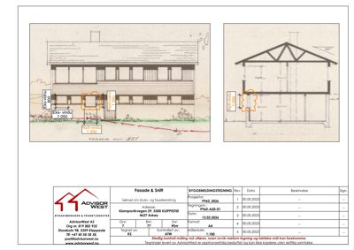 Snittegning som viser bygningens tverrsnitt, fasade og snittlinje med detaljer om vinduer og høyder.