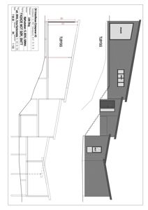 Snittegning som viser tverrsnittet av en bygning med fasade mot sør.