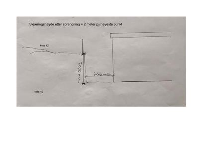 Håndtegnet teknisk detalj som viser høydeforskjeller og mål etter en sprenghending.