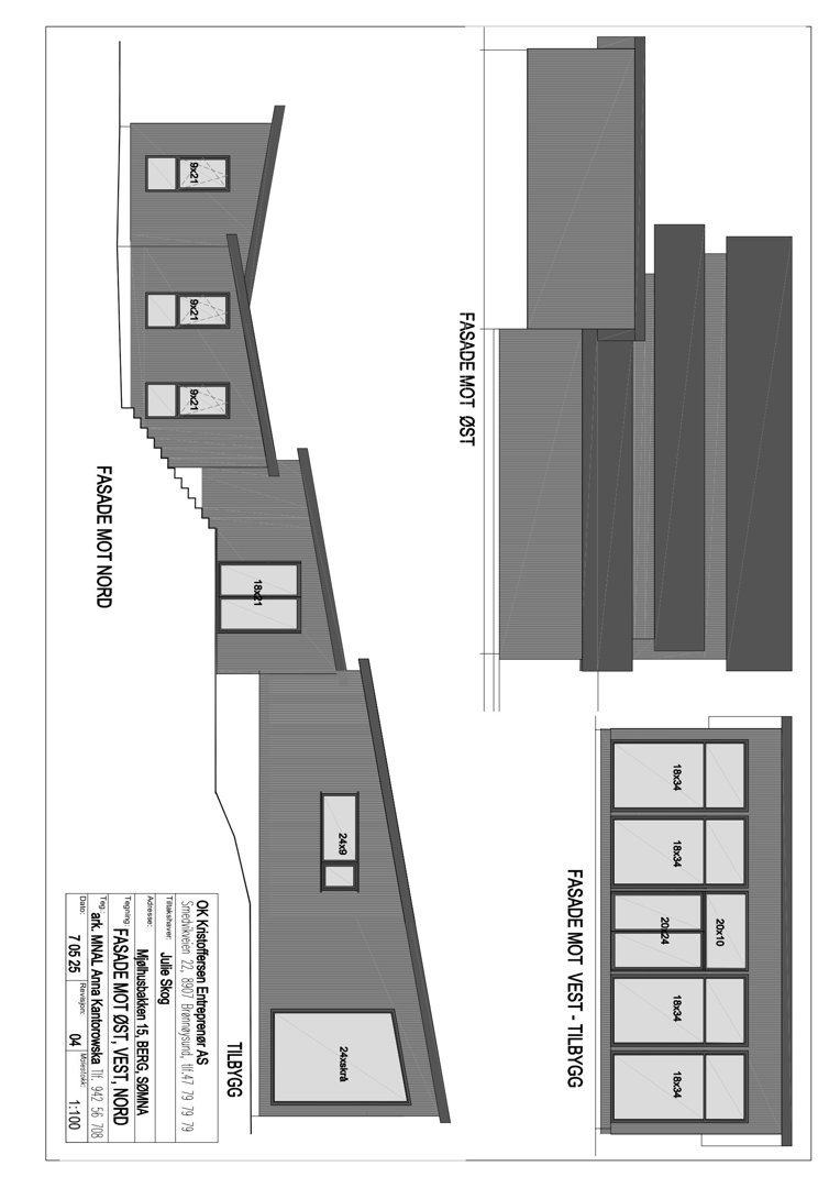 Fasadetegning som viser utsiden av bygningen sett fra flere vinkler (Nord, Vest, Øst).