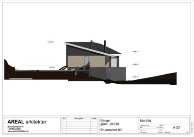 Snittegning som viser tverrsnittet av en bygning med høydemål (c=70.95, c=65.00 osv.) og terrengforhold.