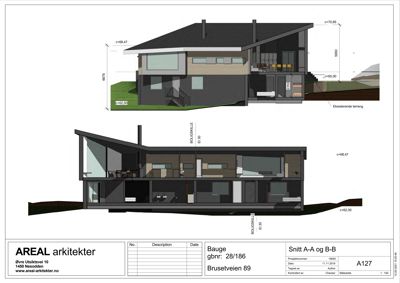 Snittegning (Snitt A-A og B-B) som viser bygningens tverrsnitt, høyder og romfordeling.