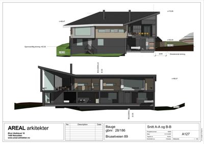 Snittegning (Snitt A-A og B-B) som viser bygningens tverrsnitt, høyder og innvendig oppbygning.