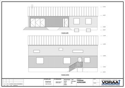Tegning som viser fasaden sett fra nord og sør (FASADE NORD/SØR).