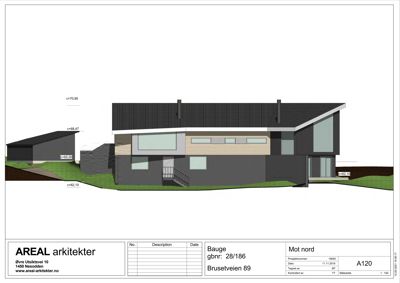 Fasadetegning som viser bygningens utseende sett fra nord, med høydeangivelser.