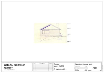 Tegning som viser fasaden på en eksisterende bygning sett fra vest.