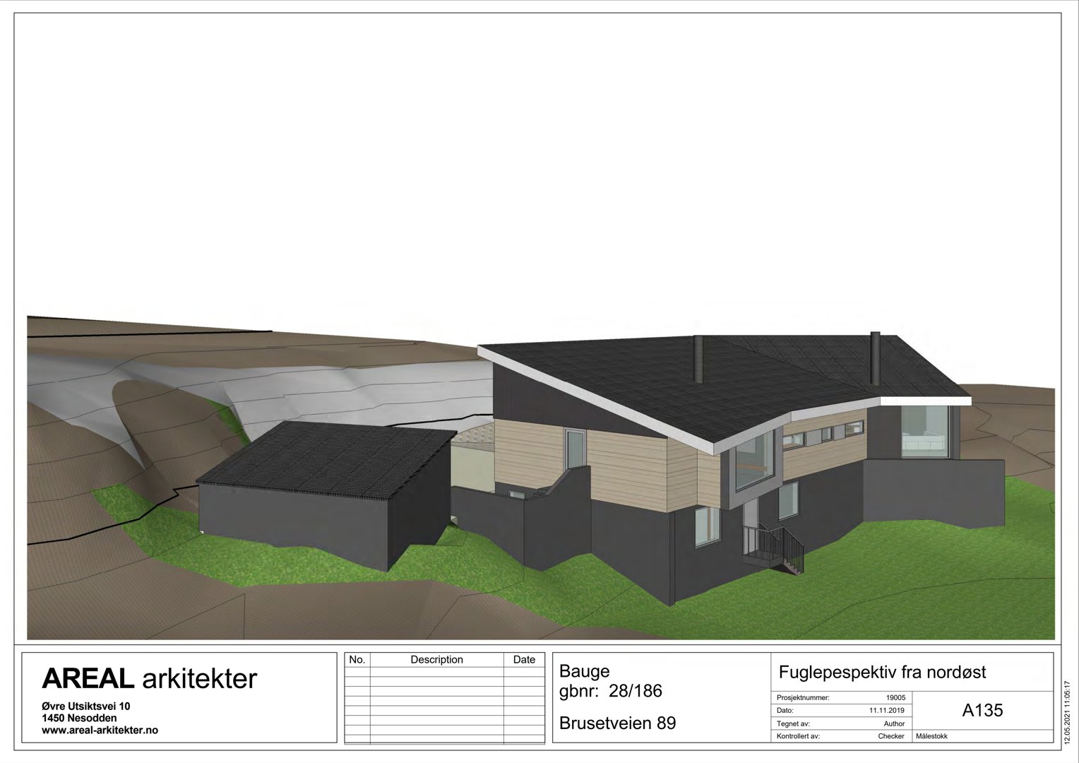 3D-visualisering av en husfasade sett fra nordøst.