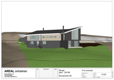 3D-visualisering av en planlagt bolig sett fra nordvest.