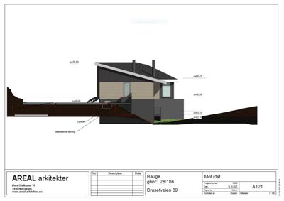 Snittegning som viser tverrsnittet av en bygning i forhold til terrenget, med høydeangivelser (c=) og terrengforhold.