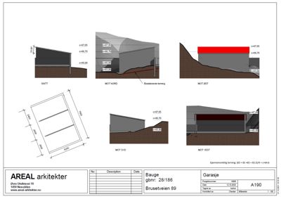 Snittegning som viser bygningens høydeprofil i forhold til terrenget fra ulike sider (Nord, Sør, Øst, Vest).