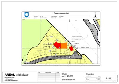 Reguleringsplan som viser eiendomsgrenser, byggegrenser, høydemål og naboeiendom.