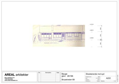Fasadetegning av en bygning sett fra syd, med høydeangivelser og arkitektoniske detaljer.