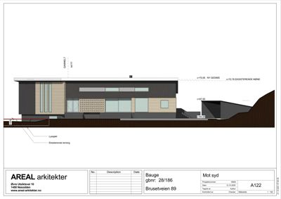 Fasadetegning som viser bygningens utseende sett fra sør (Mot syd), med høydeangivelser og materialbeskrivelser.