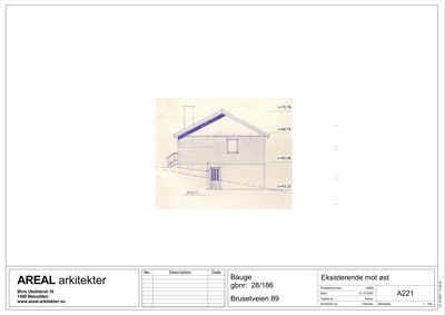 Fasadetegning av en eksisterende bygning sett fra øst, med høydeangivelser.
