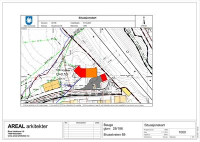 Situasjonskart som viser tomtetegning, høydeforhold og bygningsplassering for eiendommen på Brusetveien 89.